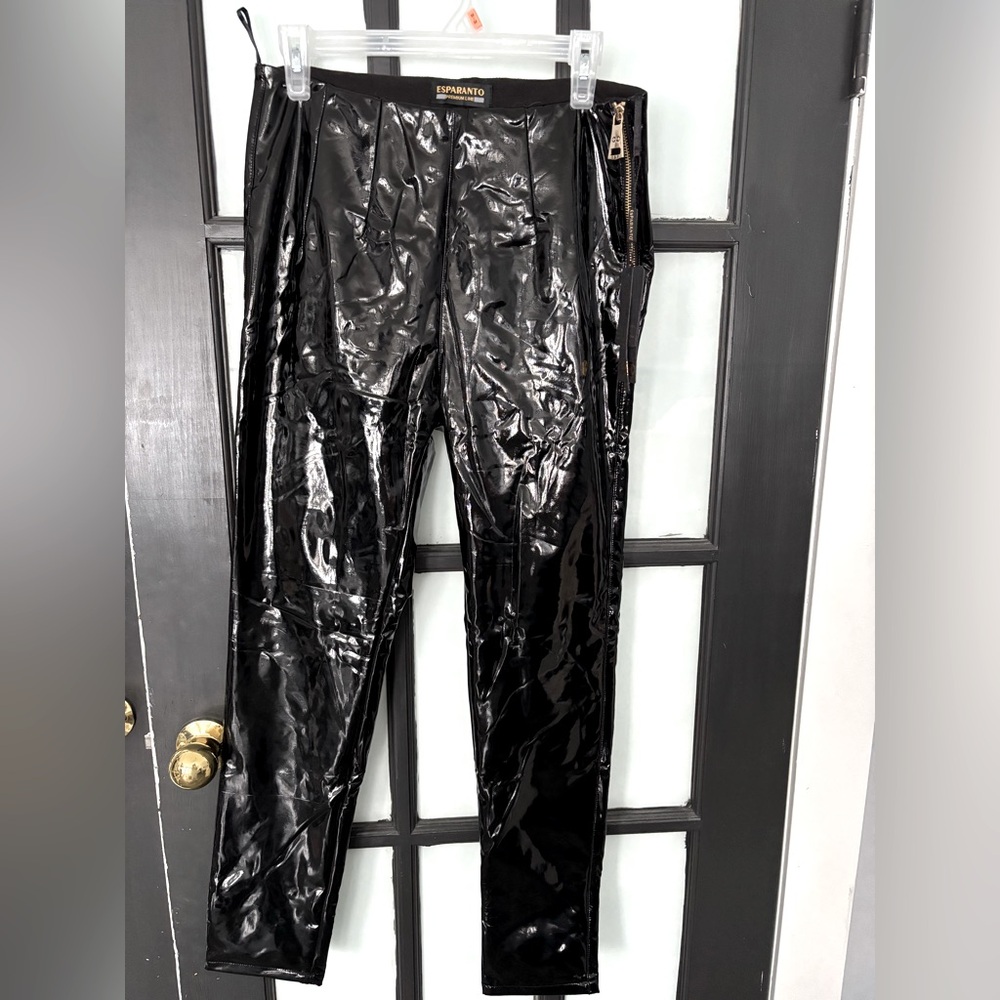 Latex tight pants with gold zippers on ankles
